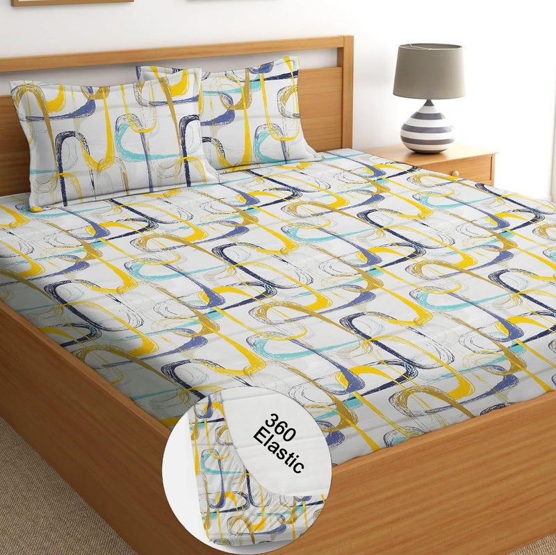 STARNSTYLE 100% Cotton Super Soft 240 Thread Count Elastic Fitted King Size Bedsheet with 2 Pillow Covers - White Yellow - Image 1